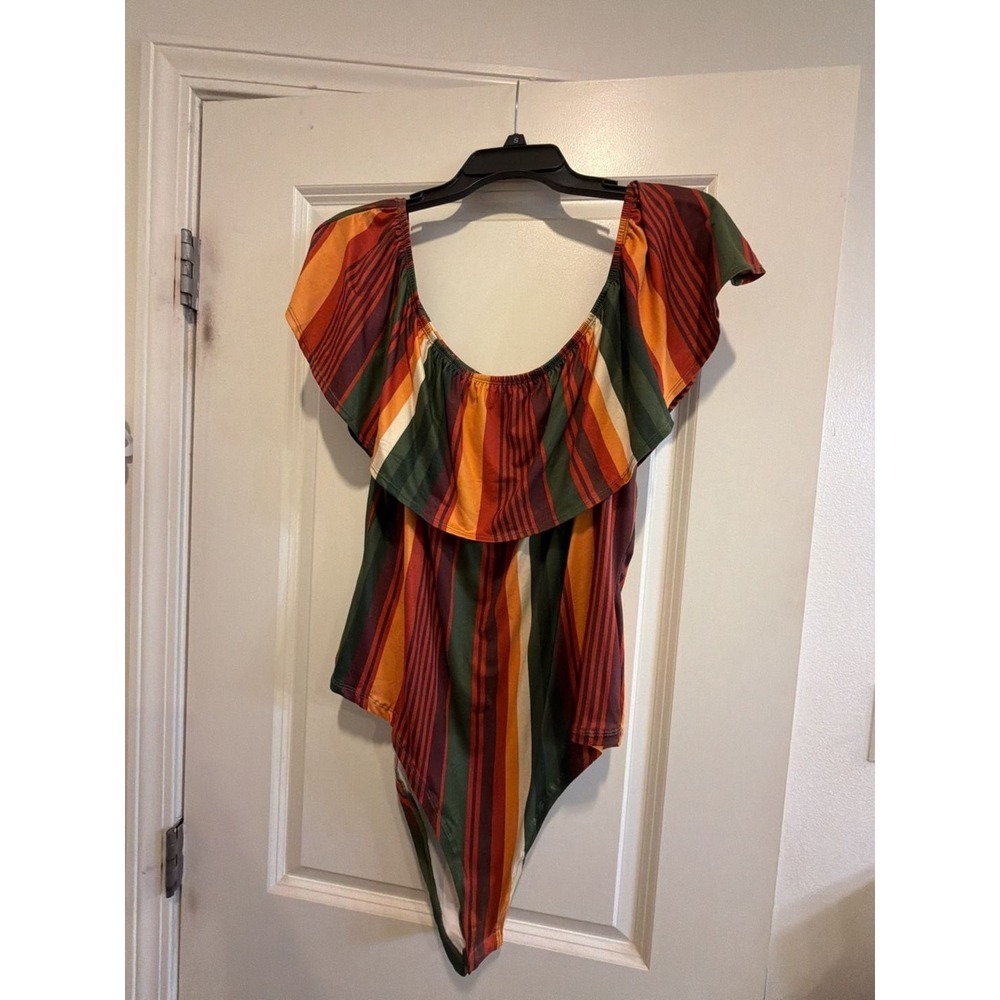 it's Multi-Color Striped Off-the-Shoulder Ruffle Bodysuit